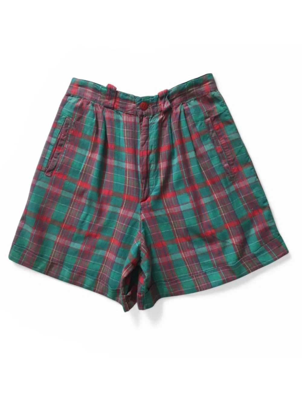 Vintage 80s Ultra Fun Peddlers Cotton Shorts Green and Red Plaid Juniors Size 9 - Picture 1 of 12